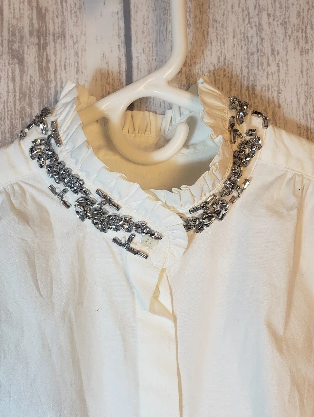 J. Crew Sleeveless White Cotton Button-Front Shirt with Embellished Collar Sz 8